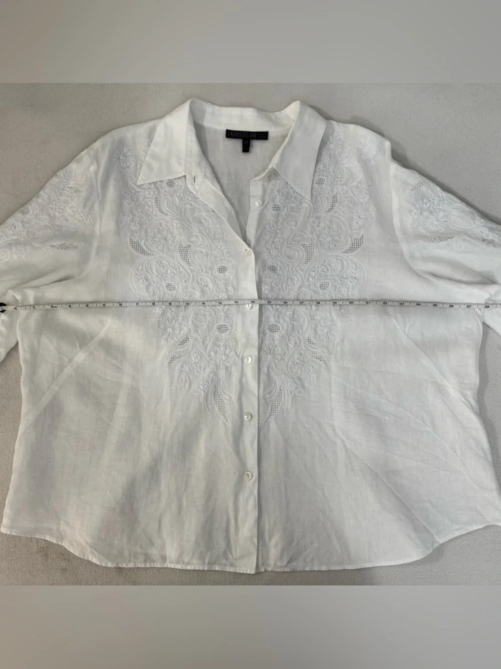 Lafayette 148 New York White Embroidered Button-Front Linen Shirt - Picture 5 of 9